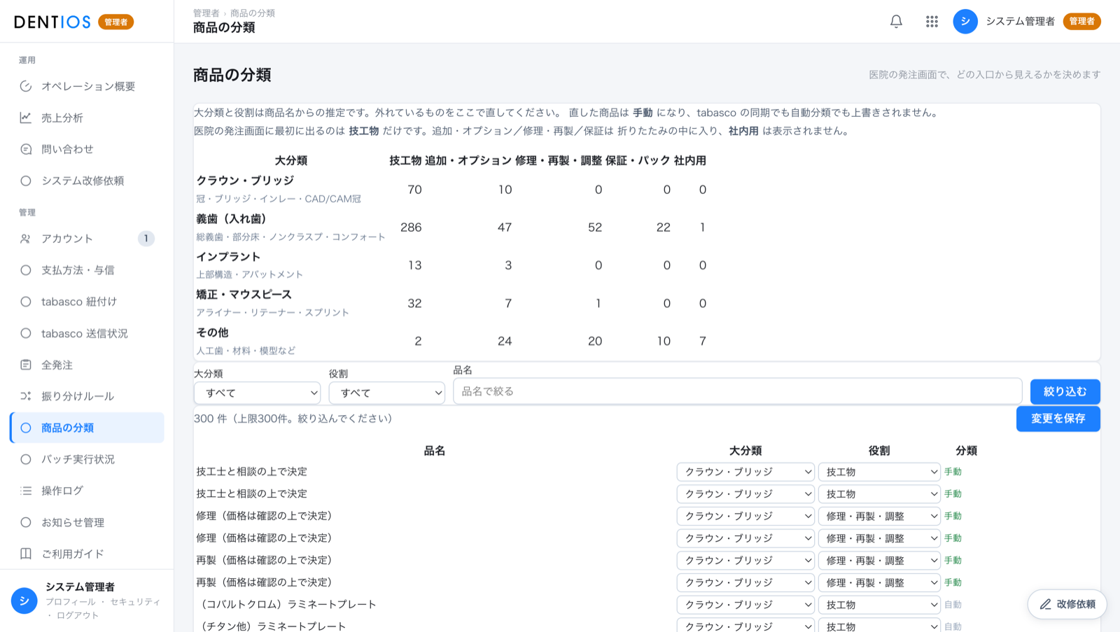 商品の分類を直す画面